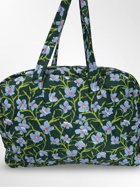 Vera Bradley Large Weekender Green Quilted Travel Bag with Blue Floral Print